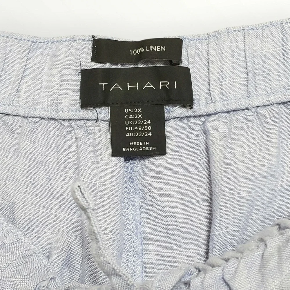 Tahari 100% Linen Shorts Womens 2X Chambray Blue Drawstring Waist‎ Plus Size